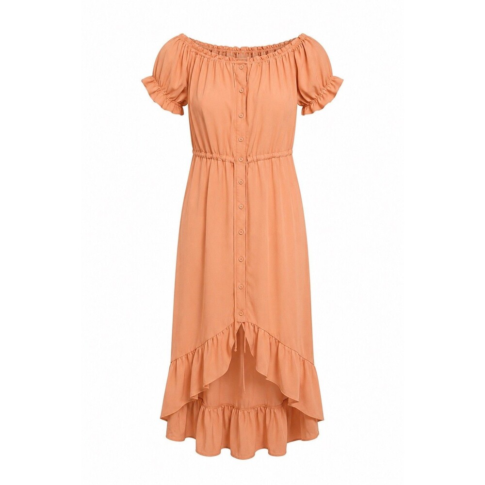 Women’s Peach Off Shoulder High Low Ruffle Maxi Dress Boho Cottagecore M